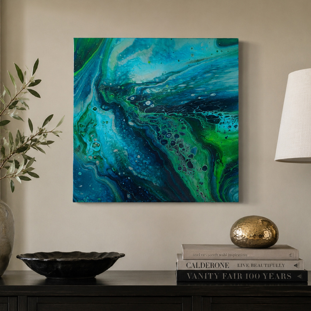 Original Hand-Poured Acrylic Abstract Painting on Canvas | Blue & Green Art